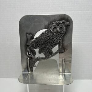 ONE Vtg Metzke Metal Pewter Owl Bookend 6" Boho Forest Silver 70s 80s Brutalist